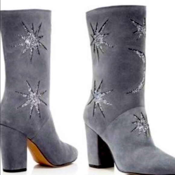 Avec Les Filles Nikita Gray Suede Glitter Star Moon Celestial Mid Calf Boots - Picture 3 of 13